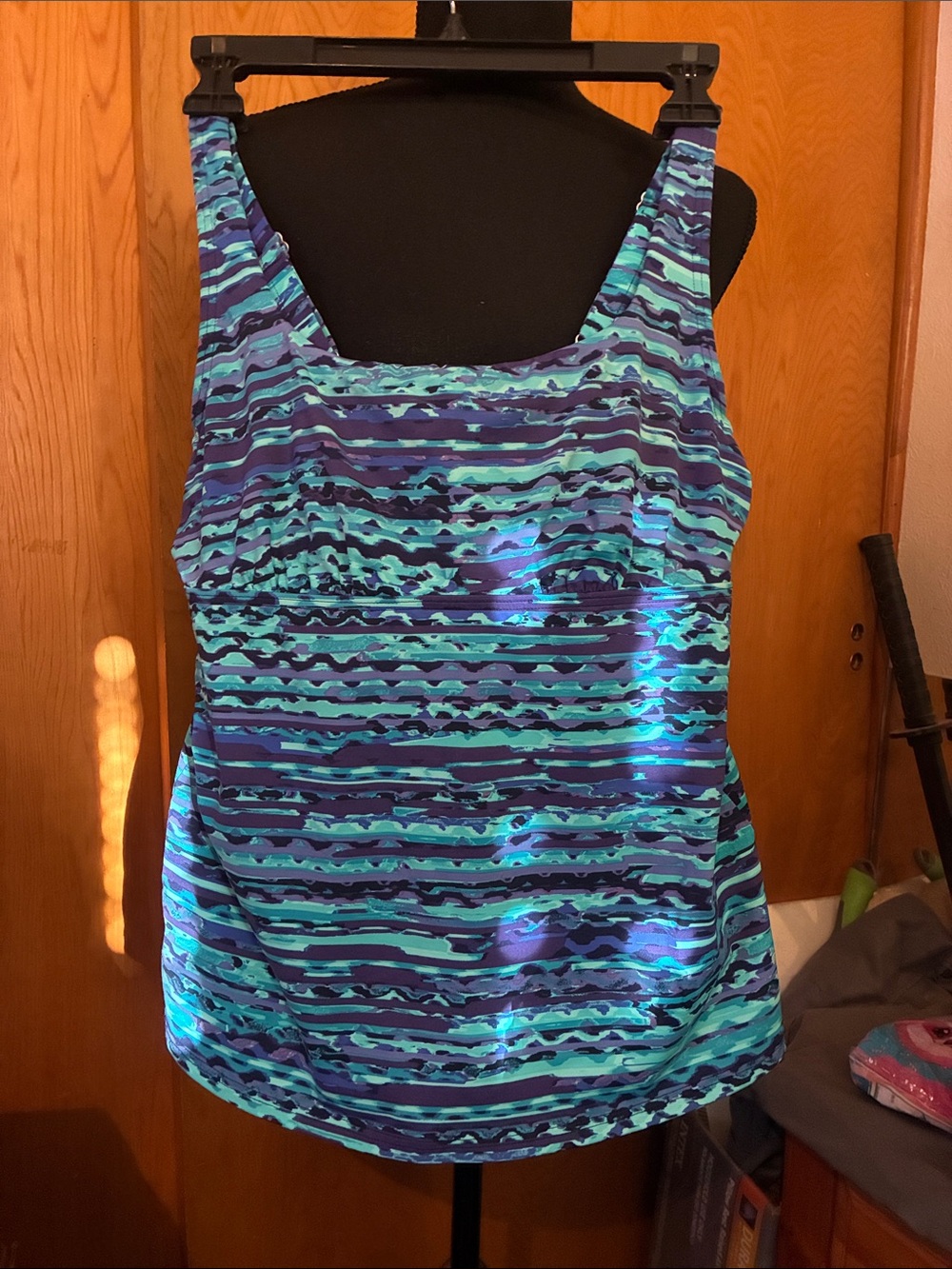 Lands' End Blue and Teal Striped Tummy-control Tankini Top